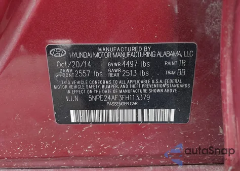 2015 Hyundai Sonata Se from USA, damaged, VIN 5NPE24AF3FH113379